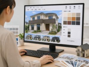 住宅のカラーシミュレーションを試す女性